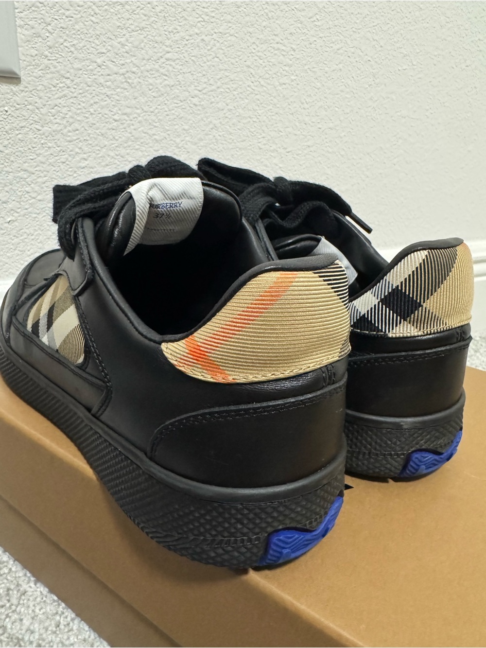 Black Leather women Sneaker with Beige Check Accents